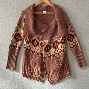 Saga Aztec Tribal Print Draped Shawl Collar Cardigan Sweater Pockets M
